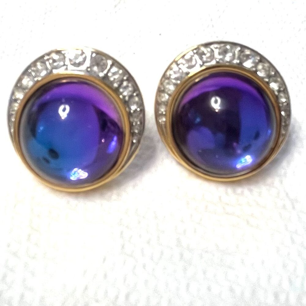 Vintage Signed Clip on Earrings Gold Tone, Purple Glass Rhinestones 90’s style